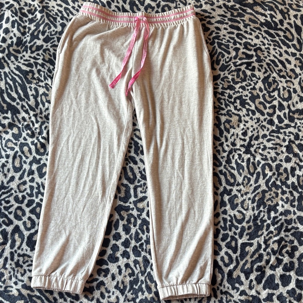 Muk Luks Tan Jogger Pants with Pink Drawstring